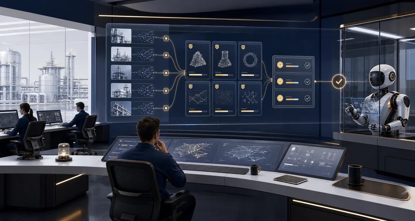 Industrial Agentic AI readiness visual showing evidence rows, authority limits, confidence tiers, human approval, and no ERP write-back controls.