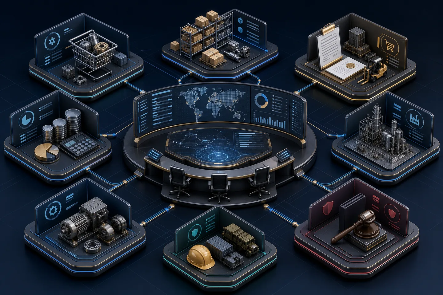 Industrial IQ eight-engine command map showing PartsCleanse, InventoryMind, ProcureMind, FinanceMind, AssetMind, ReliabilityMind, ReadyMind, and GovernanceMind feeding one evidence layer.